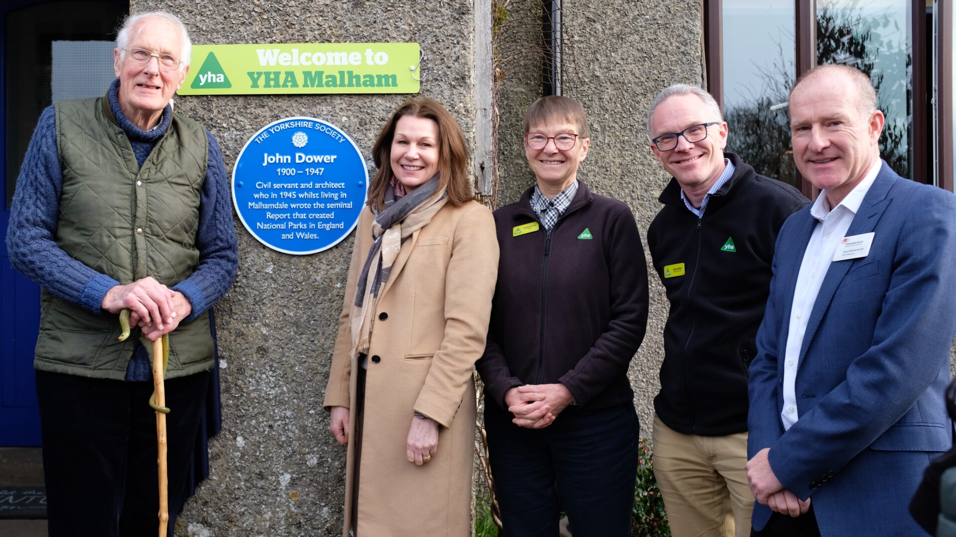 From left at Malham YHA unveiling the blue plaque today - Robin Dower, Baroness Hayman, Margaret Hart (Chair, YHA), James Blake and David Butterworth