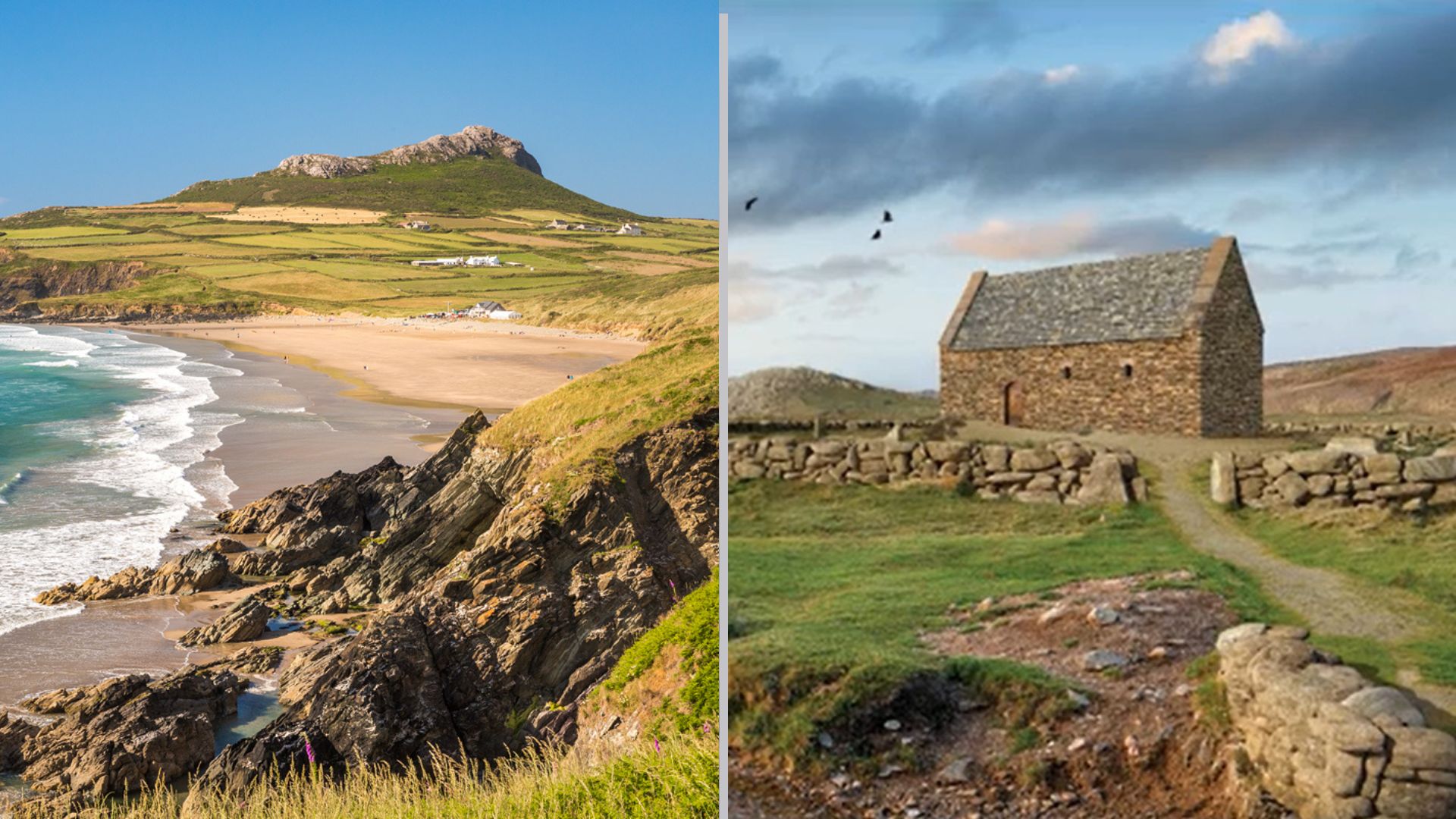 Modern day Whitesands Bay and an artistic reconstruction of St Patrick's Chapel