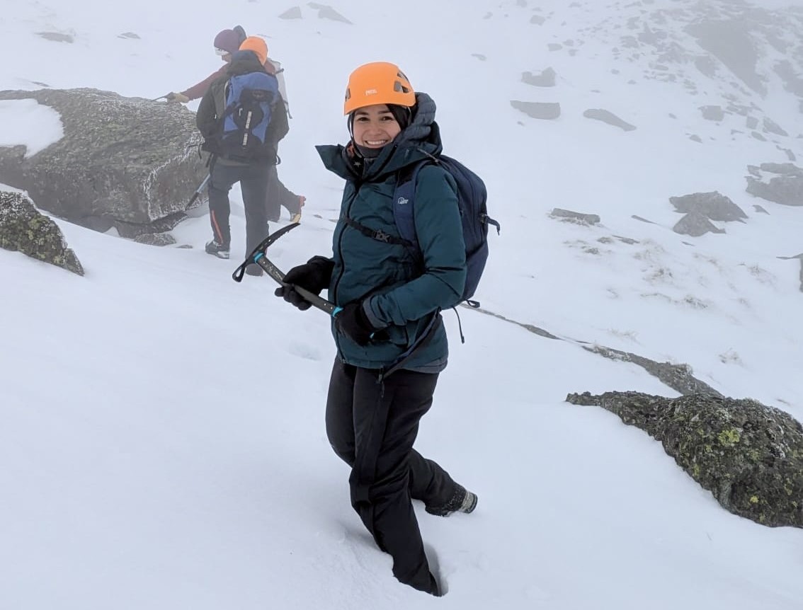 Andrea getting to grips with an ice axe on a snow-plastered Helvellyn. Photo: Andrea Alvarez Ojeda